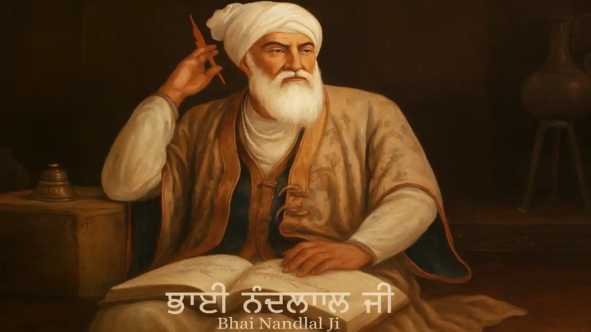 Bhai Nandlal Ji – A revered Sikh scholar, sitting gracefully.