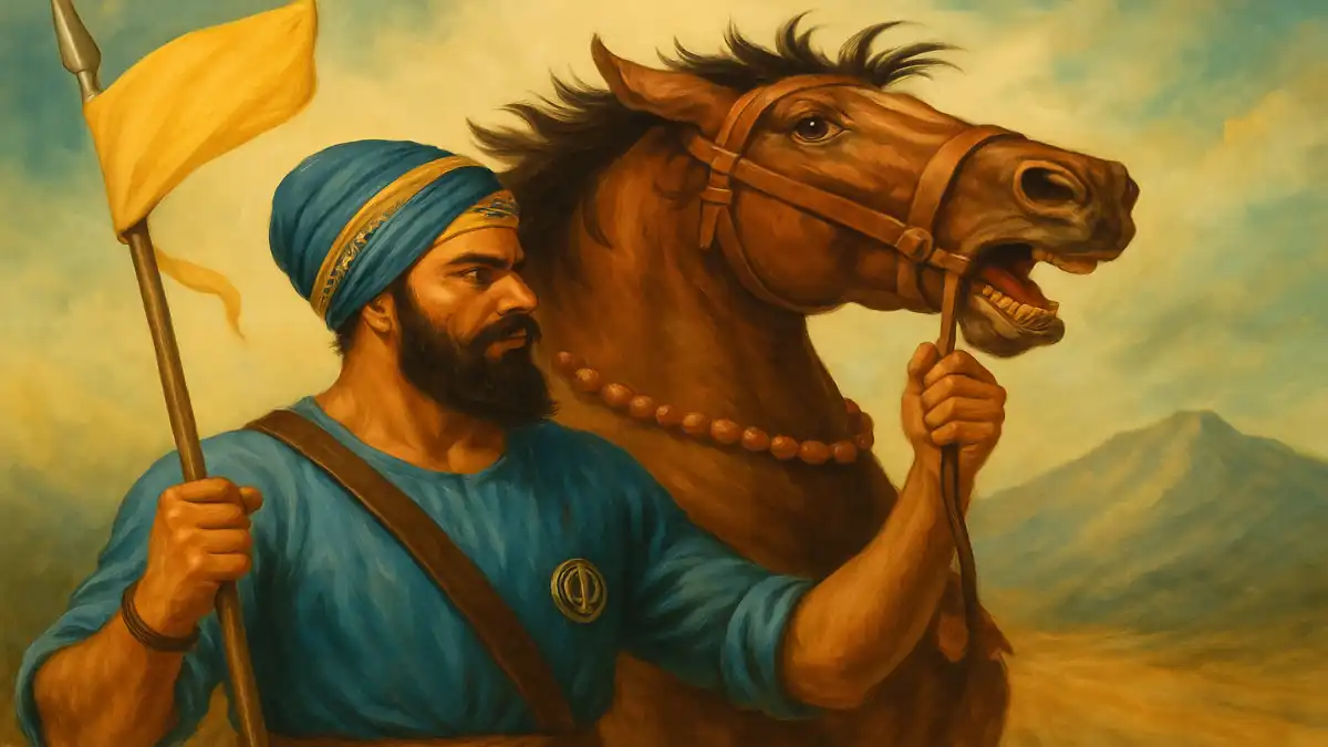 Bhai Tota Mahita, the fierce Sikh warrior, standing with his powerful horse holding a yellow flag