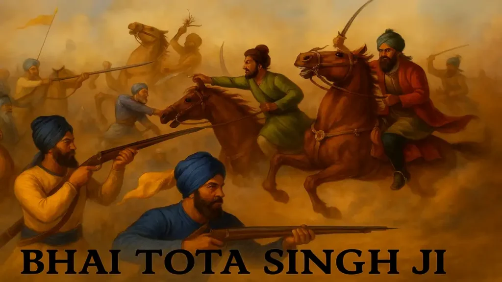 Bhai Tota Mahita" leading fierce Sikh warriors in battle against Mughal cavalry