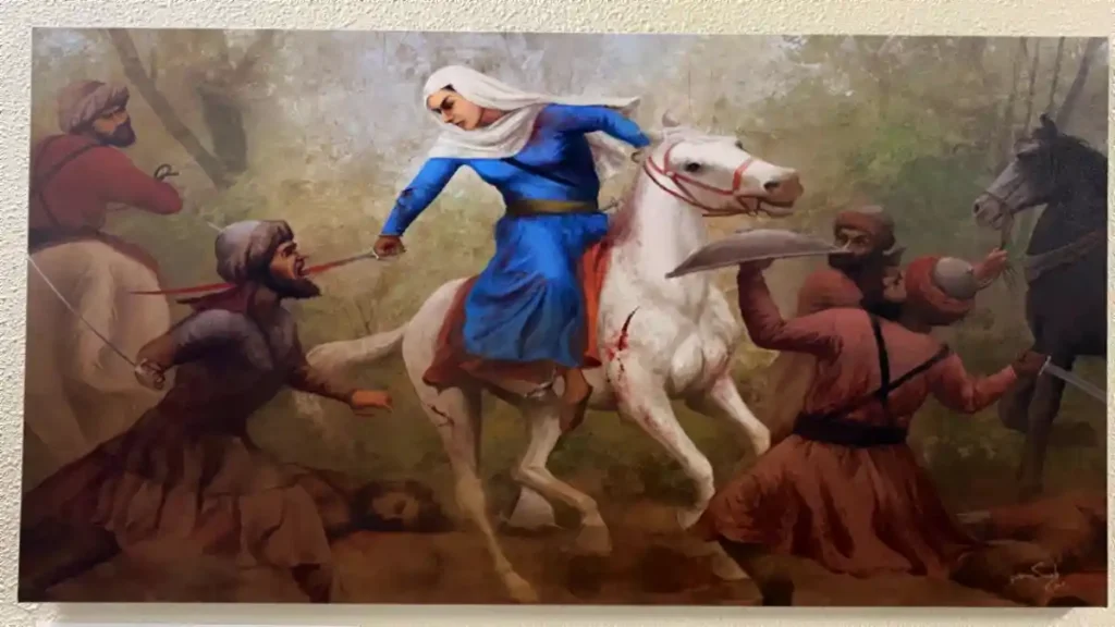 Bibi Deep Kaur of Nishanwalia Misl fighting Mughals with sword raised in battle.
