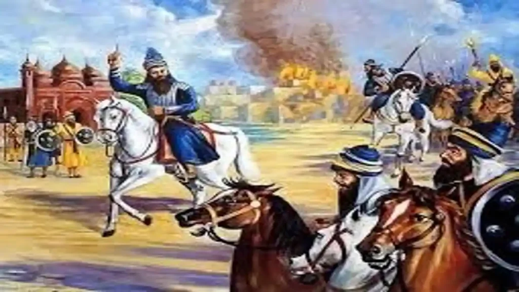 Sardar Karora Singh(Karorsinghia Misl) leading Sikh warriors in battle on horseback near a burning fort.