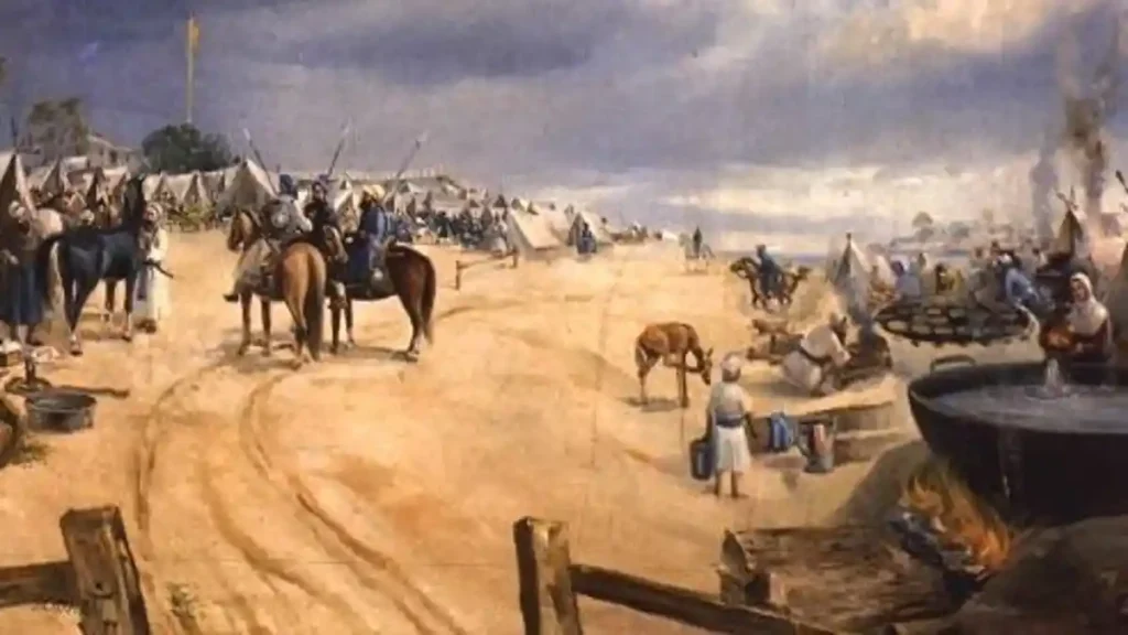 Faizulpuria Misl: Sikh soldiers and families in a desert camp with tents and cooking fires