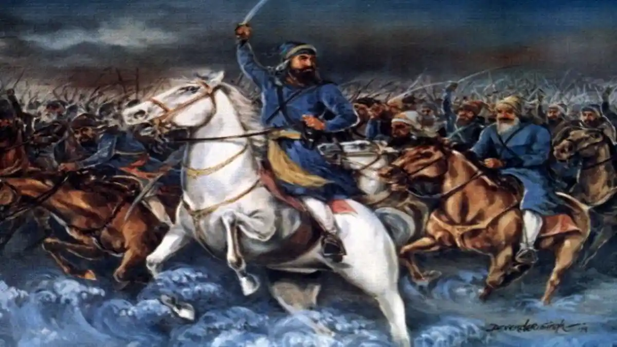 Sardar Charat Singh Sukerchakia Misl Sikh warriors across the river on horseback.