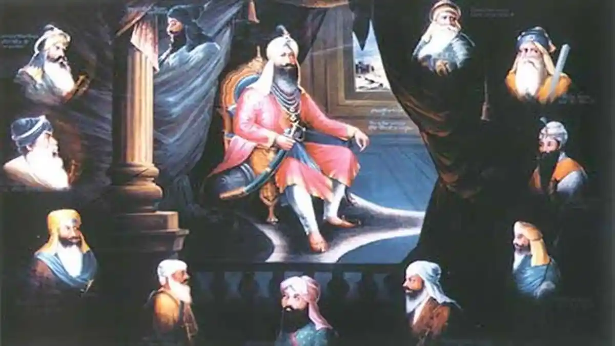 Illustration of Sikh Misl leaders gathered around a central Khalsa unity.