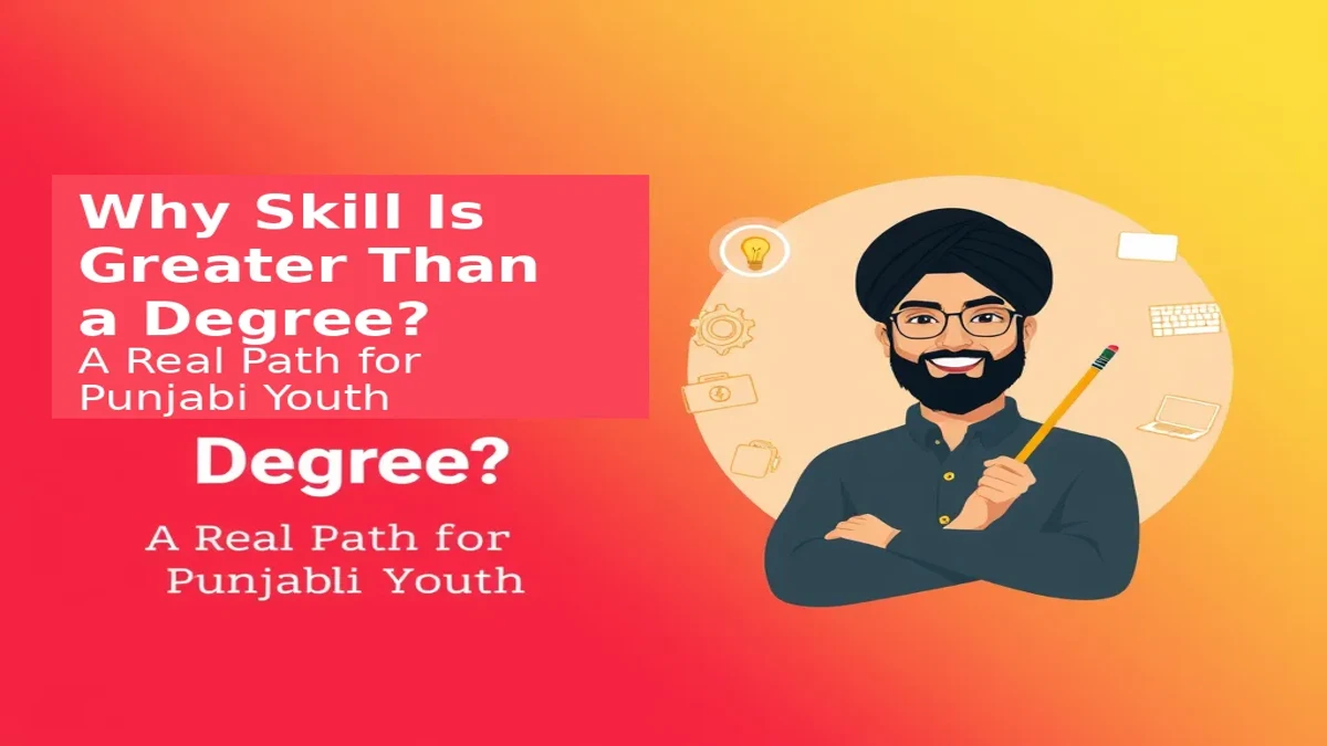 Smiling Punjabi youth with pencil and skill icons on gradient background.