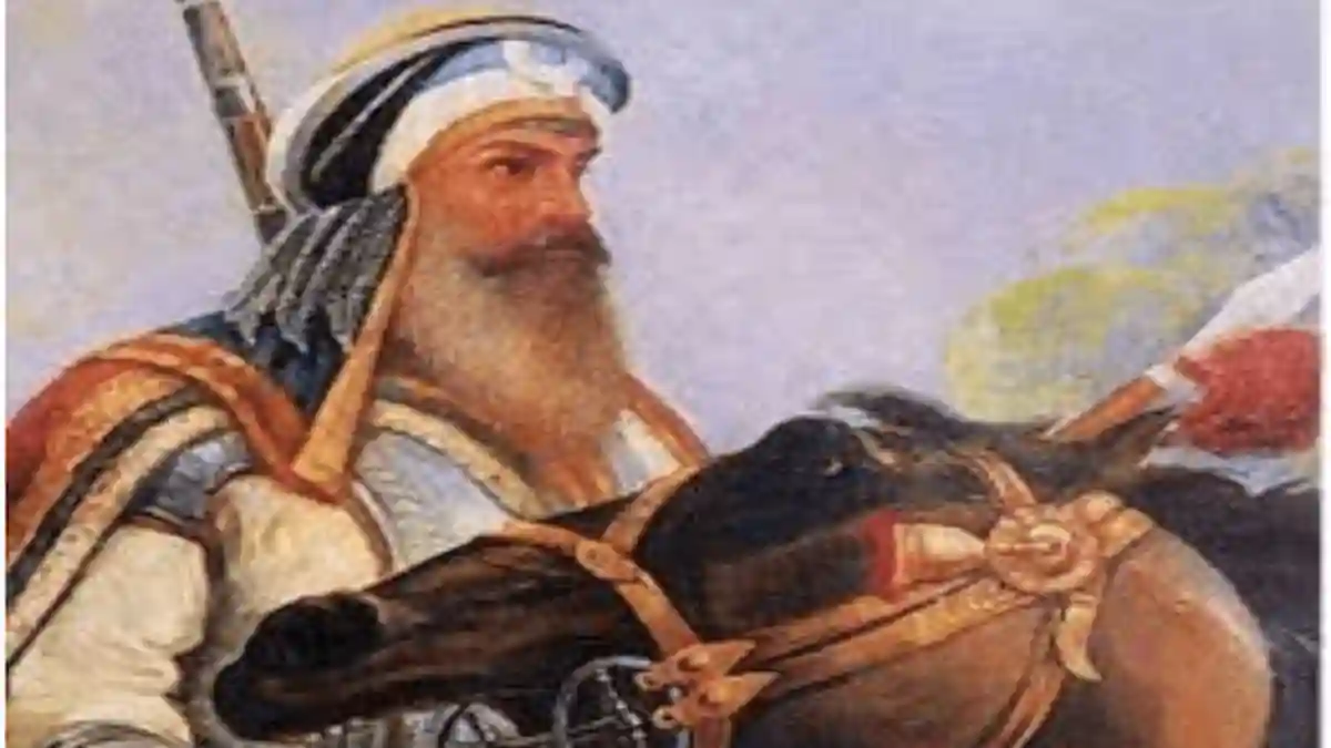 Baba Gurbaksh Singh Ji with sword and horse