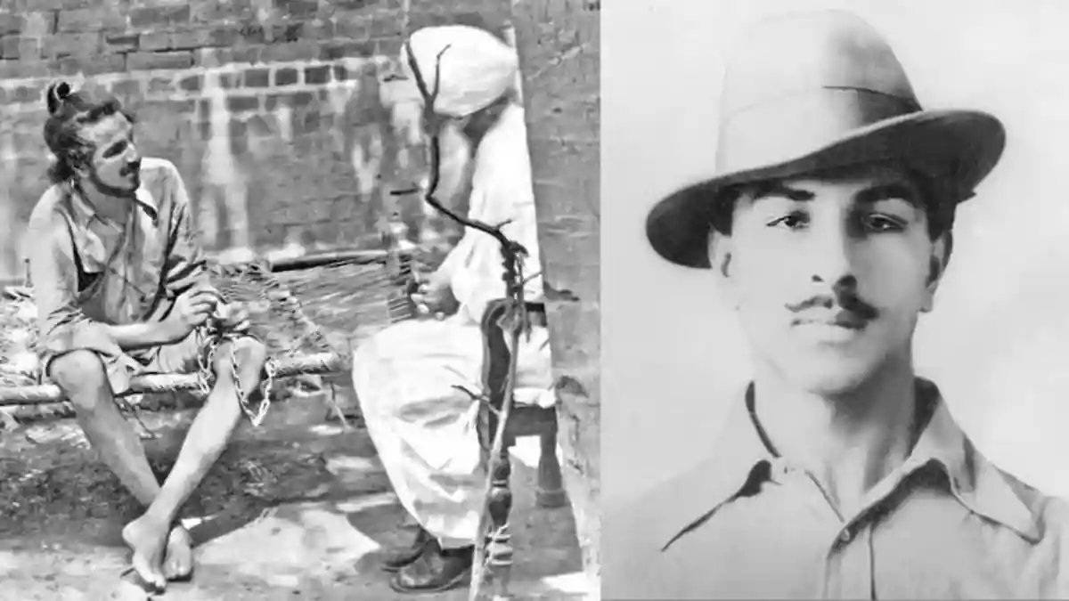 Bhagat Singh sitting in jail cell during 1927, wearing kurta-pajama and turban, deeply lost in revolutionary soch and azadi di aas.