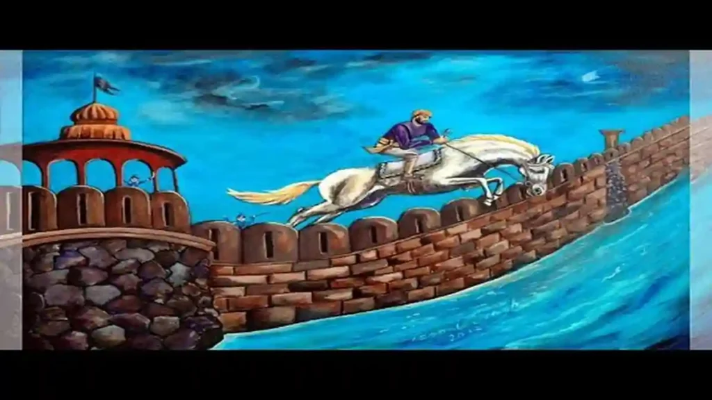 Bhai Bidhi Chand Ji escaping on horse from Mughal fort
