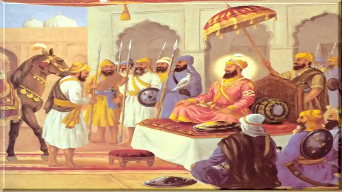 Bhai Bidhi Chand Ji presenting captured horse to Guru Hargobind Sahib Ji
