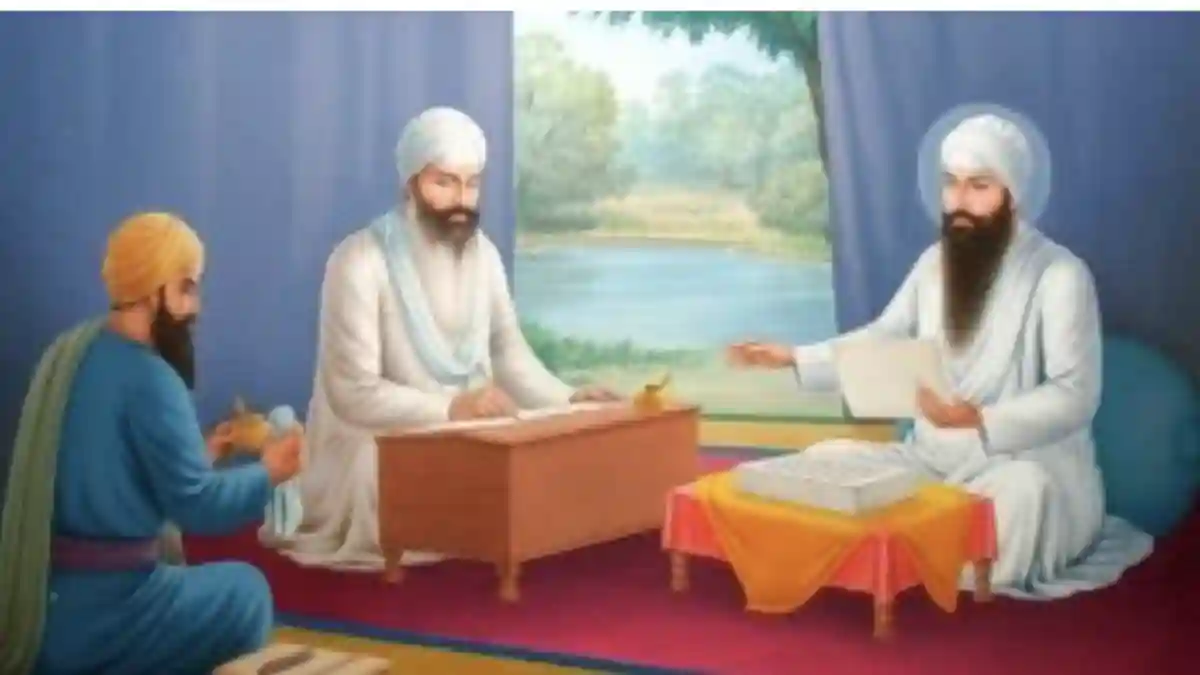 Bhai Gurdas Ji transcribing Guru Granth Sahib Ji with Guru Arjan Dev Ji