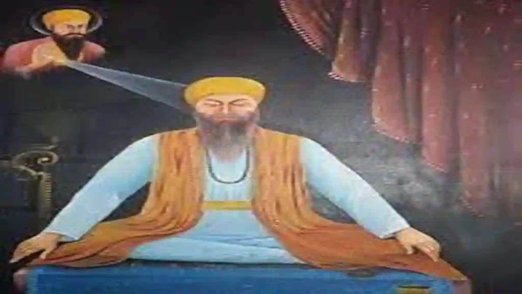 Bhai Langaha Ji in deep meditation receiving spiritual vision from Guru Nanak Dev Ji