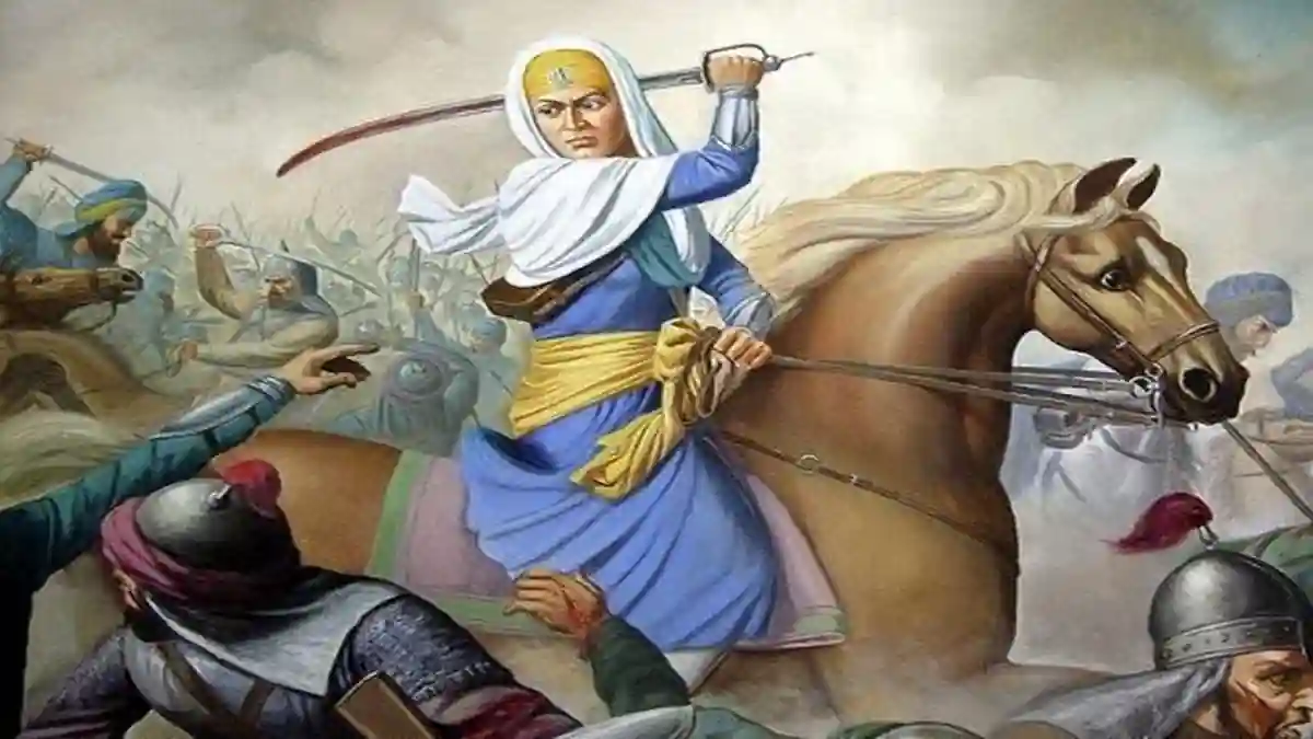 Bibi Dalair Kaur Ji on horseback with sword