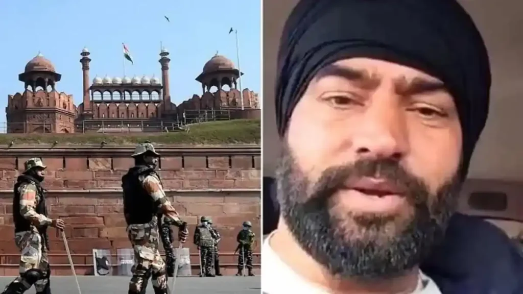 Farmer leader Lakha Sidhana ਦੀ Delhi speech during Kisan Andolan, Red Fort ਦੇ visuals ਨਾਲ ਜੋੜੀ ਹੋਈ ਤਸਵੀਰ।