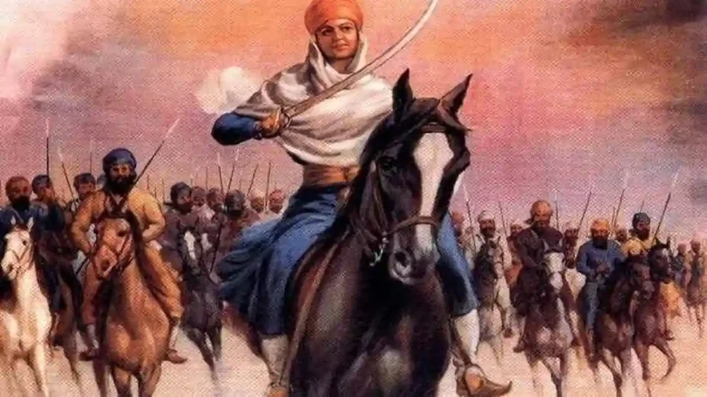 Mai Bhago Ji riding ahead with sword 