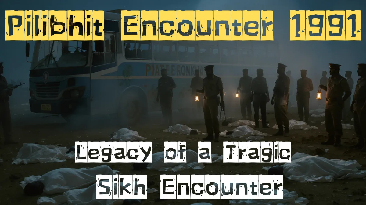 Pilibhit Encounter 1991 – Sikh encounter scene with police and bus in background