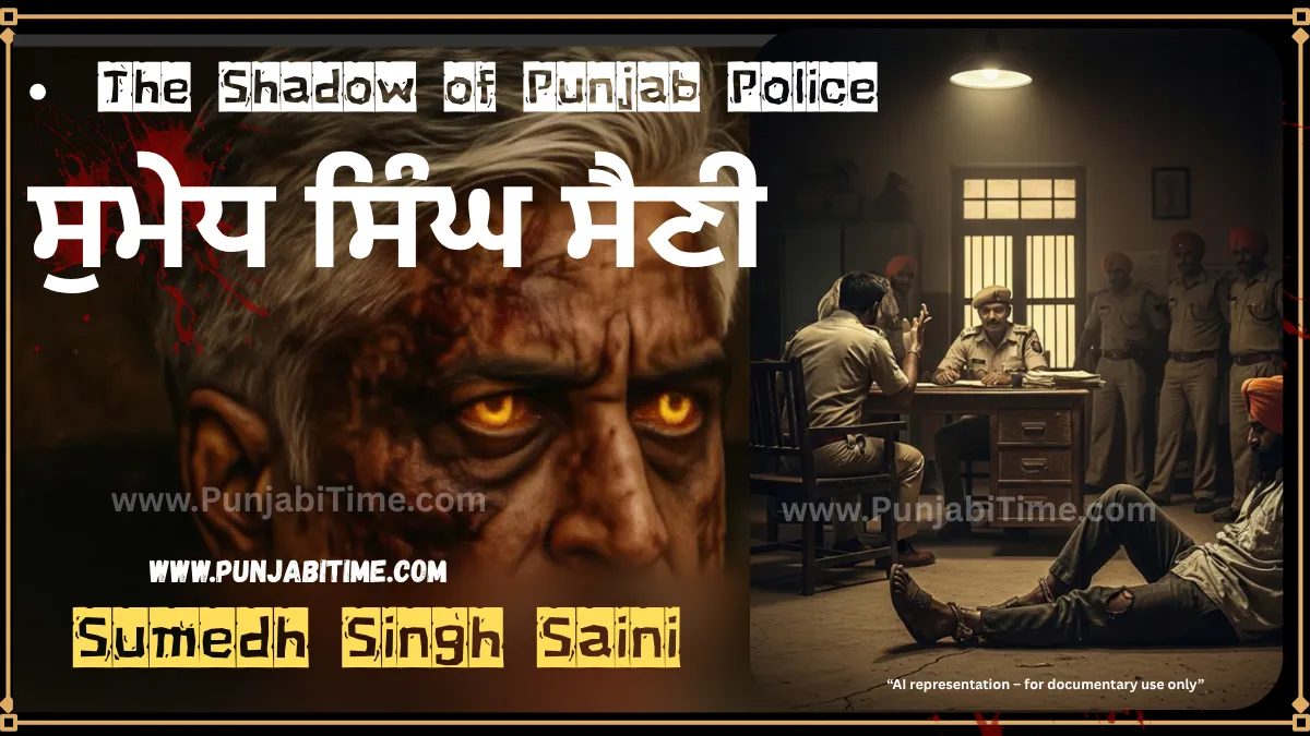 Sumedh Singh Saini with bloodied interrogation scene – symbolic of 1980s Sikh disappearances