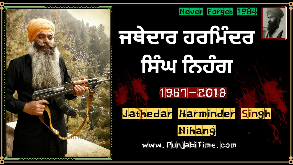 Jathedar Harminder Singh Nihang smiling with orange turban and rifle